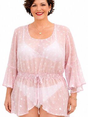 Plus Size 2X swimsuit cover up. Pink Sheer Polka Dot top.  Wrap Shawl. Vacation